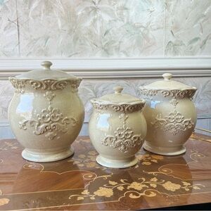 Ceramic Canister Set 3 Piece Embossed Floral Design by Daniel Cremieux Maison
